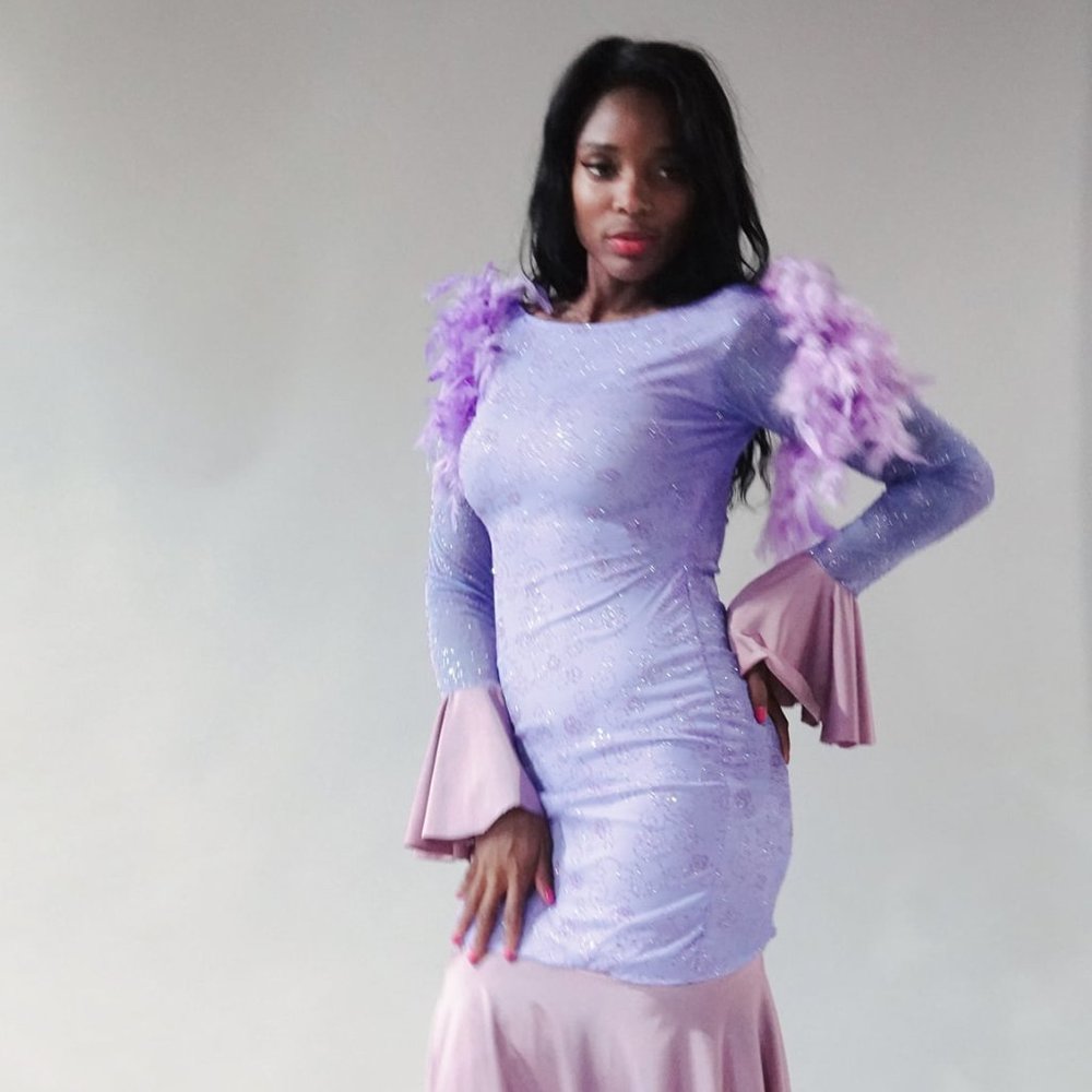 Fabulosity Stretch  Lavender Vintage Maxi Dress With Feathers